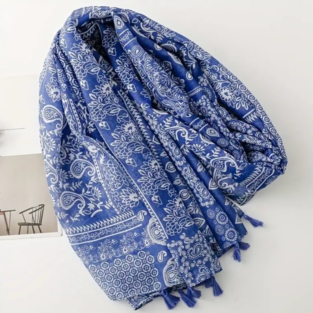 Blue White Porcelain Paisley Floral Bohemian Scarf Shawl - Picture 5 of 8